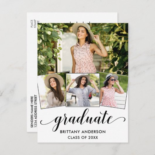 Moderne 4-Foto-Kalligrafie-Graduierungspartei Einladungspostkarte (Vorne/Hinten)