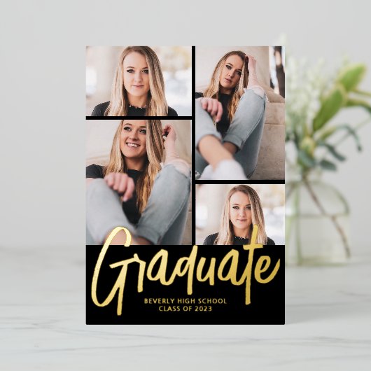 Moderne 4-Foto-Script-Graduierungspartei Folieneinladung (Stehend vorne)
