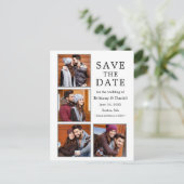 Moderne 4-Foto-Verlobung Save the Date Postkarte (Stehend Vorderseite)