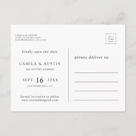 Moderne 4 Fotocollage-Hochzeit spart das Datum Ankündigungspostkarte (Rückseite)