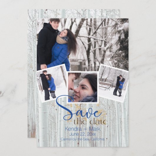 Moderne 4-Fotomaterial Cobalt Birch Save the Date Einladung (Vorne/Hinten)