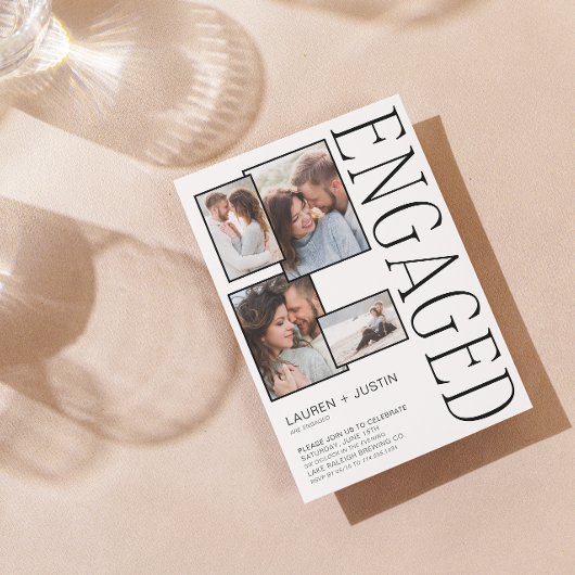 Moderne 4-Fotomaterial Schwarz-weiße Verlobung Ankündigung