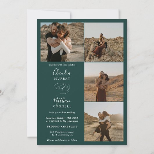 Moderne 4 Fotos elegante Drehbuch Hochzeit dunkelg Einladung (Vorderseite)