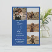 Moderne 4 Fotos elegante Drehbuch Hochzeit weiß bl Einladung (Stehend Vorderseite)