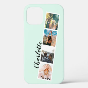 Moderne 4-Fotos-Raster-Collage Name auf Teal Mint iPhone 12 Pro Hülle