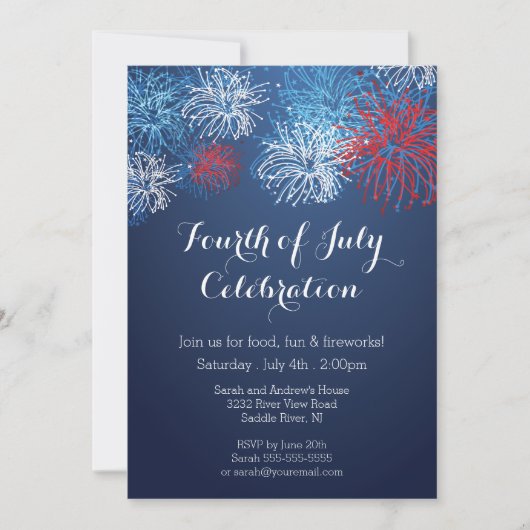 Moderne 4. Juli Feuerwerk Barbecue Einladung (Vorderseite)