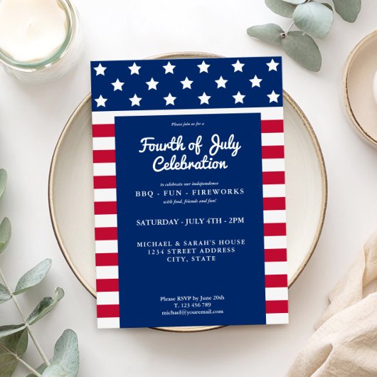 Moderne 4. Juli Rot Weiß und Blau Einladung