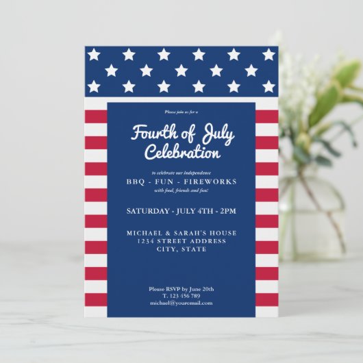 Moderne 4. Juli Rot Weiß und Blau Einladung (Stehend Vorderseite)