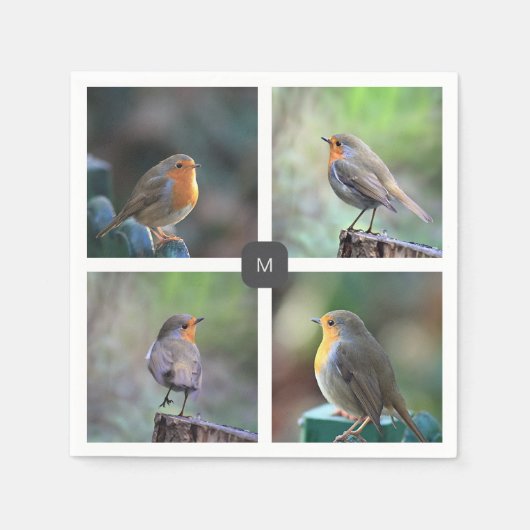 Moderne 4 Robin-Vogel-Fotos mit Monogramm Serviette (Vorderseite)
