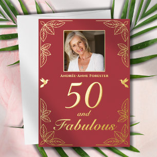 Moderne 50 Fabelhafte Foto-Geburtstags-Rot-Gold Folieneinladung