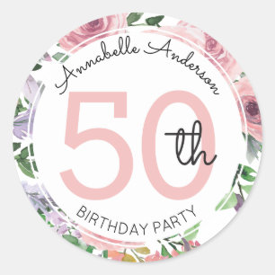 Moderne 50. Geburtstag Blush Pink Floral Wasserfar Runder Aufkleber