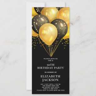 Moderne 50. Geburtstag Gold Black Balloons Schwarz Einladung