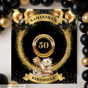 Moderne 50. Geburtstagsbanner Blush Black Gold Hee Wandteppich