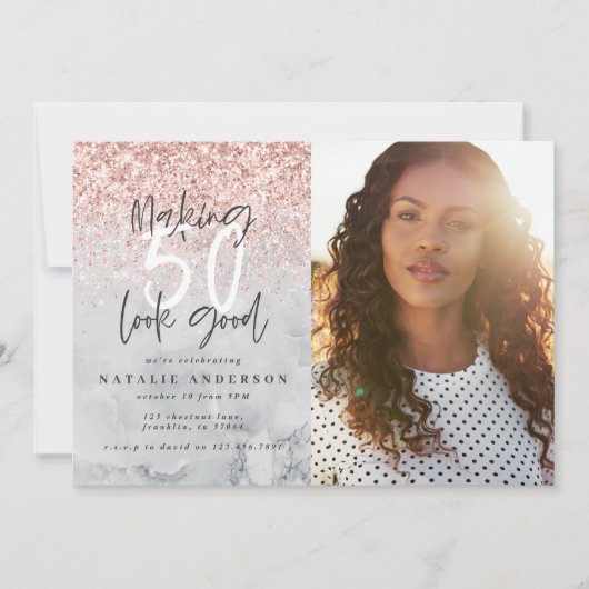 Moderne 50. Rose Gold Glitzer und Marmor (Vorderseite)