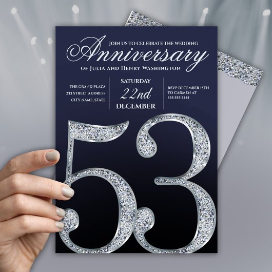 Moderne 53. Hochzeitstag Diamant Silber Navy Blau Einladung