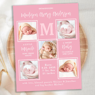 Moderne 5-Foto-Ankündigung von Baby Pink Birth Postkarte