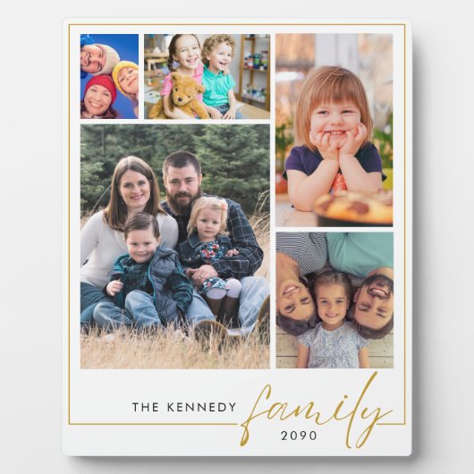 Moderne 5 Foto Collage Gold Familienname Fotoplatte (Vorderseite)