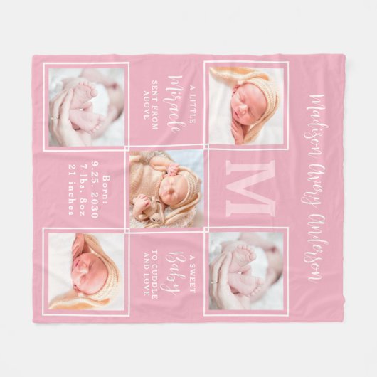 Moderne 5-Foto Collage Neue Baby Pink Geburtsständ Fleecedecke (Vorderseite (Horizontal))