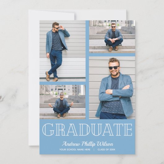 Moderne 5-Foto Graduierungspartei Pulver blau Einladung (Vorderseite)