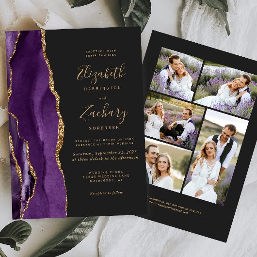 Moderne 5-Foto-Lila Goldatelhochzeit Einladung