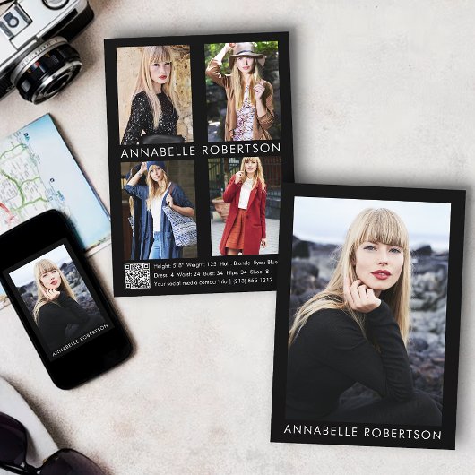 Moderne 5-Foto-Modell Actor QR Code Comp Card Einladung