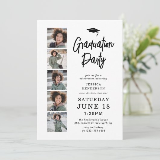 Moderne 5 Fotocollage Graduation Party Einladung (Stehend Vorderseite)