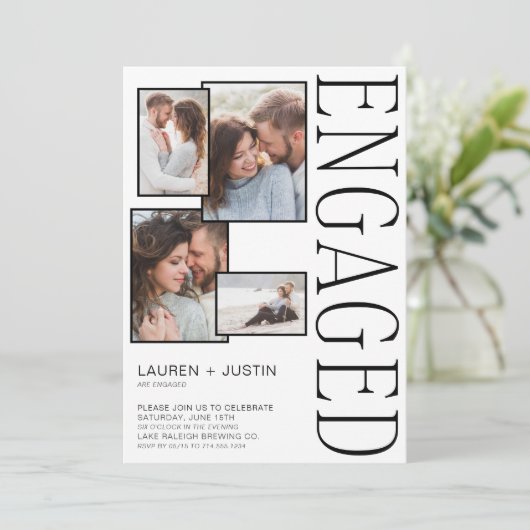 Moderne 5-Fotocollage Schwarz-weiße Verlobung Ankündigung (Stehend Vorderseite)