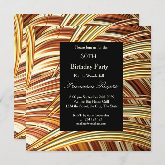 Moderne 60. Geburtstagsparty Golden Black Einladung (Vorne/Hinten)