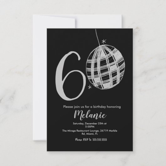 Moderne 60er Schrift fett schwarzer Disco-Glitter- Einladung (Vorderseite)