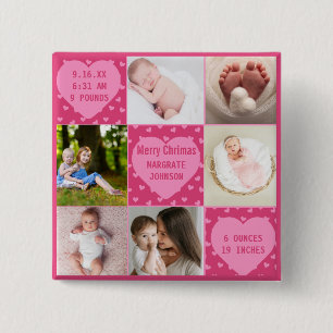 Moderne 6-Foto-pink Geburtsanzeige Baby Mädchen Button
