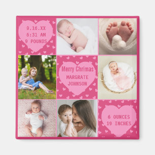 Moderne 6-Foto-pink Geburtsanzeige für Baby Mädche Magnet