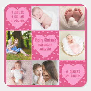 Moderne 6-Foto-pink Geburtsanzeige für Baby Mädche Quadratischer Aufkleber