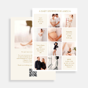 Moderne 9-Foto-Collage Weiße Elfenbein-Baby-Party Einladung