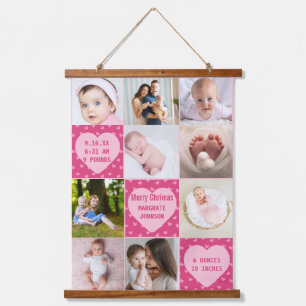 Moderne 9-Foto-pink Geburtsanzeige für Baby Mädche Wandteppich Mit Holzrahmen