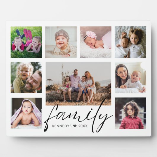 Moderne 9 Fotocollage Familie Name Schwarz-Weiß Fotoplatte (Vorderseite)