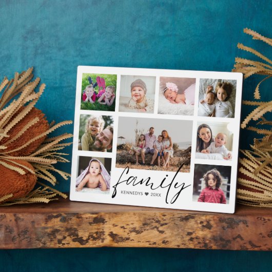 Moderne 9 Fotocollage Familie Name Schwarz-Weiß Fotoplatte (Seite)