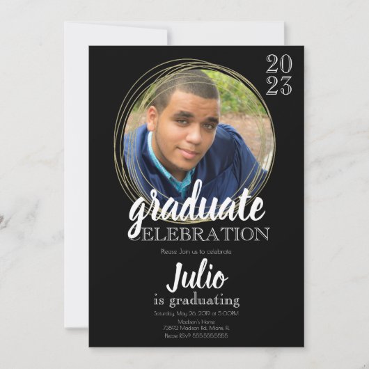 Moderne Abschluss-Feier Black Gold Einladung (Vorderseite)