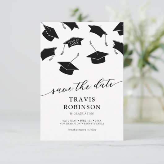 Moderne Abschluss Save the Date Card (Stehend Vorderseite)