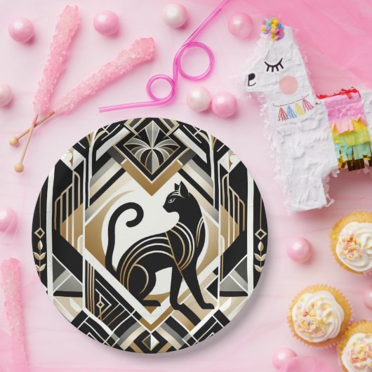 Moderne, Abstrakt dekorative schwarze Katzenpapier Pappteller (Party)