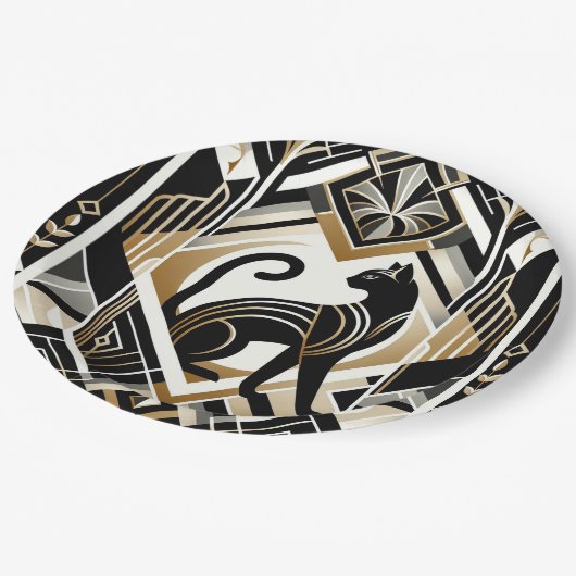 Moderne, Abstrakt dekorative schwarze Katzenpapier Pappteller (Schrägansicht)