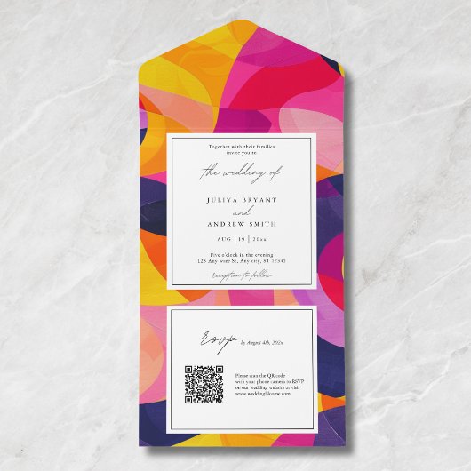 Moderne Abstrakt-Hot-Pink-QR-Hochzeit All In One Einladung