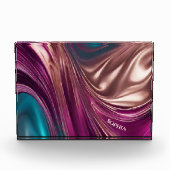 Moderne Abstrakt-Viva Magenta Türkis und Gold Fotoblock (Vorderseite)