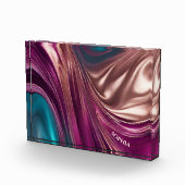 Moderne Abstrakt-Viva Magenta Türkis und Gold Fotoblock (Rechts)