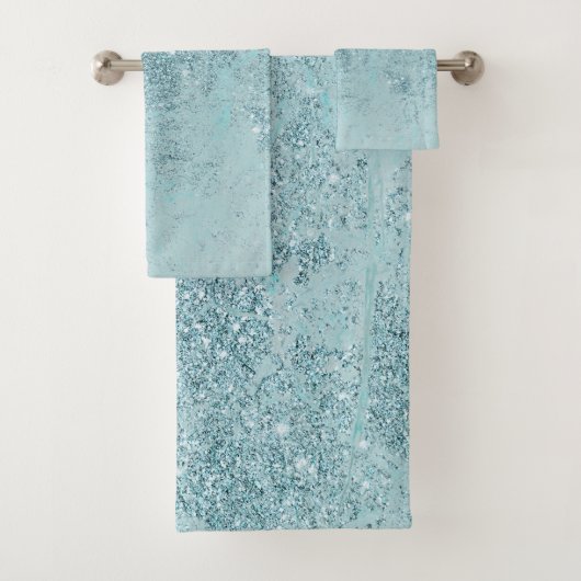 Moderne, abstrakte aquamarine Glitzer-Blütenfarben Badhandtuch Set (Insitu)