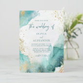 Moderne Abstrakte Aquamarine Goldstrand-Hochzeit Einladung (Stehend Vorderseite)