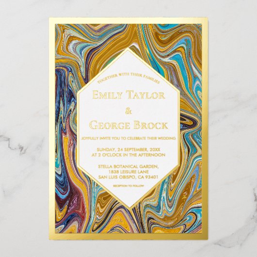 Moderne Abstrakte Art Liquide Malerei Hochzeit Gol Folieneinladung (Vorderseite)