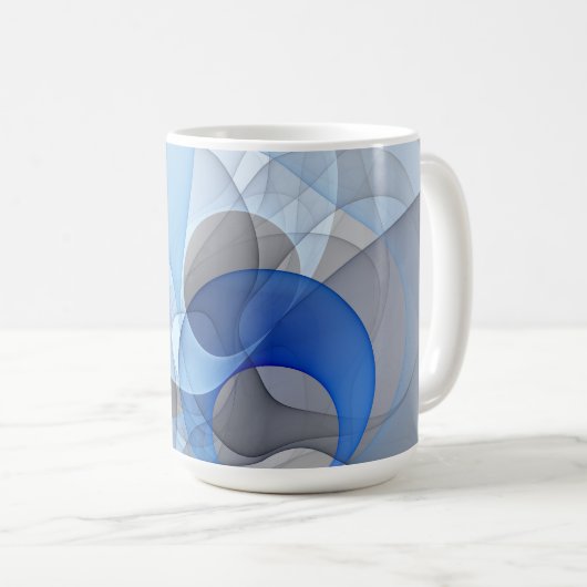 Moderne abstrakte blaue graue fraktale Kunstgrafik Kaffeetasse (VorderseiteRechts)
