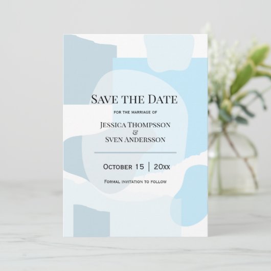 Moderne Abstrakte blaue Minimalistische Kunsthochz Save The Date (Stehend Vorderseite)