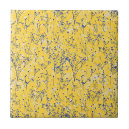 Moderne Abstrakte blaue Wildblumen auf Senf Yellow Fliese
