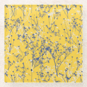 Moderne Abstrakte blaue Wildblumen auf Senf Yellow Glasuntersetzer